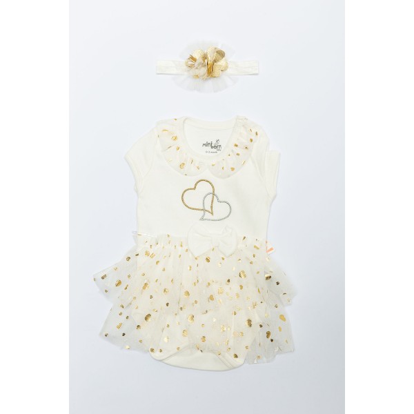 Miniborn 3/12 Ay Beyaz Yıldız Kalp Nakışlı Elbise
